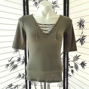 Arizona Jean Co Army Green Lace Up Ribbed Top